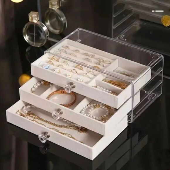 NWT 3 Tiers Beige Jewelry Box Case  Jewelry Organizer Rings, Earrings Bracelets - Picture 1 of 9